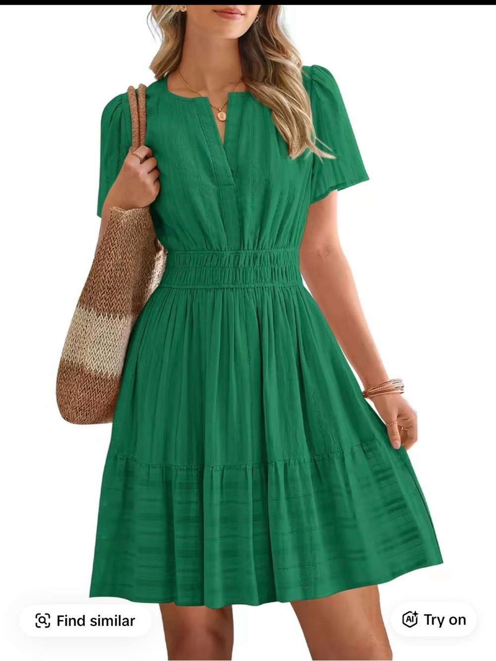 Women's Green Smocked Waist Short Sleeve Dress - WITH POCKETS!